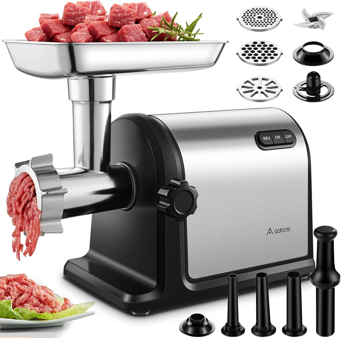 AAOBOSI Electric Meat Grinder 【3000W Max 】 Heavy Duty Stainless Steel Meat Mincer with 3 Grinding Plates, 3 Sausage Stuffer Tubes & Kubbe Attachments,Easy One-Button Control