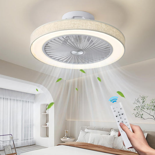 ACYERK Ceiling Fan with Lights and Remote 20 Inch Boho Natural Linen Fabric Flush Mount Ceiling Fans with Lights Dimmable 3 Colors Reversible 6 Wind Speeds Low Profile Fan Light for Bedroom Kids' Room