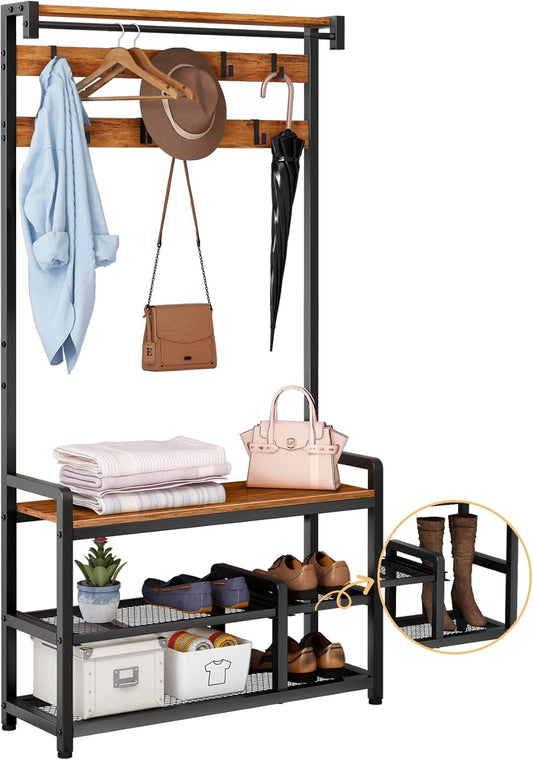 Mr IRONSTONE Coat Rack Shoe Bench Hall Tree with Detachable Shelf, 3-in-1 Entryway Shoe Rack Shelf Mudroom Garage Storage Organizer, 33.1" L x 11.8" W x 71.5" H (Vintage)