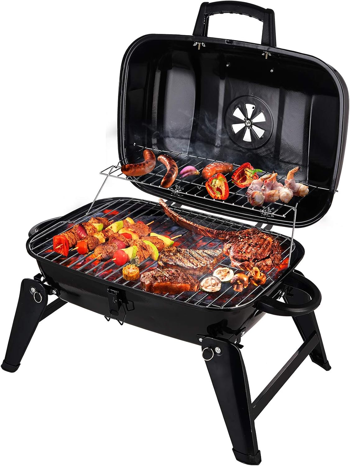 CUSIMAX Charcoal BBQ Grill, Portable Small Grills and Smokers Folding Tabletop Grills, for Camping Patio Backyard and Anywhere Outdoor Cooking, 18-Inch, Black