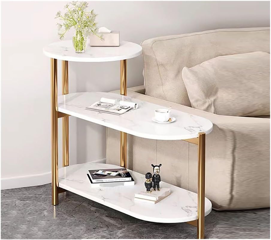 End Table, 3-Tier Narrow Faux Marble Side Table Sofa Bedside Table Modern Side Table Nightstands Accent Coffee Table for Living Room Bedroom Couch Table(White 2,Small)