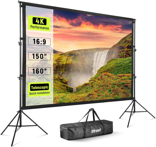 OTREST 150” Projector Screen with Stand, Wrinkle Free Polyester 16:9 4K HD Rear Front Movie Screen with Sandbags