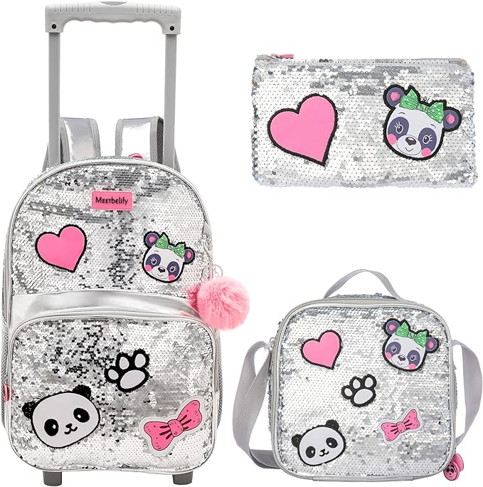 Meetbelify Panda Beaded School Trolly Backpack