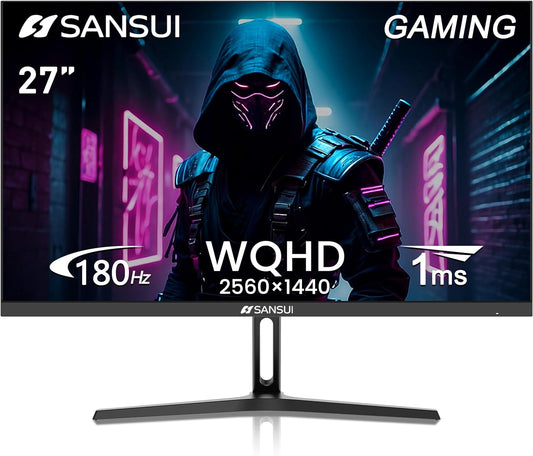 SANSUI 27 Inch WQHD 2560 x 1440P Gaming Monitor 180Hz/144Hz 1ms Fast IPS 2K Computer Monitor, HDMI 2.0 x2 | DP 1.2 x2 | VESA Mount, 120% sRGB HDR Eye Care Metal Stand(ES-G27F2Q DP Cable Included)