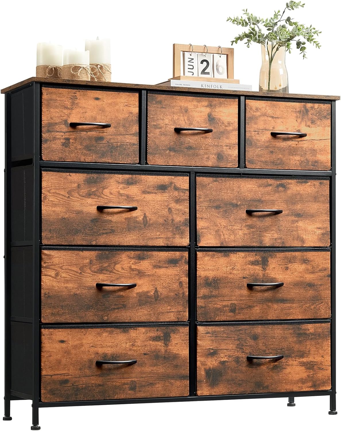 Somdot Dresser for Bedroom with 9 Drawers, Wide Storage Organizer Chest of Drawers with Fabric Bins for Closet Bedside Nursery Living Room Laundry Entryway Hallway, Wood Grain Print